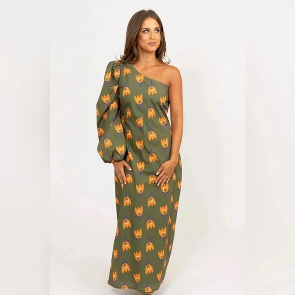 Karlie Dress Women’s Medium Popplin Poppy One Shoulder Maxi Olive Green NWT - Picture 1 of 10